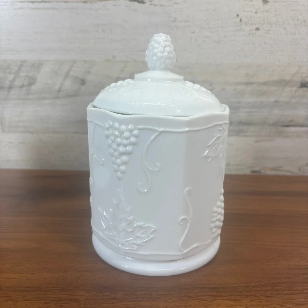 Vintage Fenton Hobnail Milk Glass Candy Dish, Two Candle Holders, Canister Lot 5